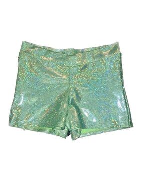 Green Metallic Iridescent Mid Rise Micro Booty Disco Hot Shorts, size medium